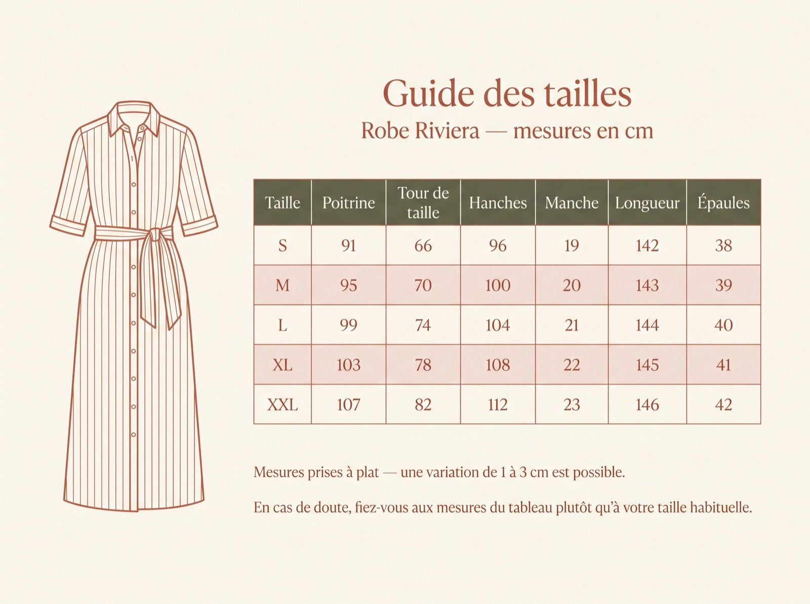Guide des tailles Robe Riviera — mesures en cm pour les tailles S à XXL